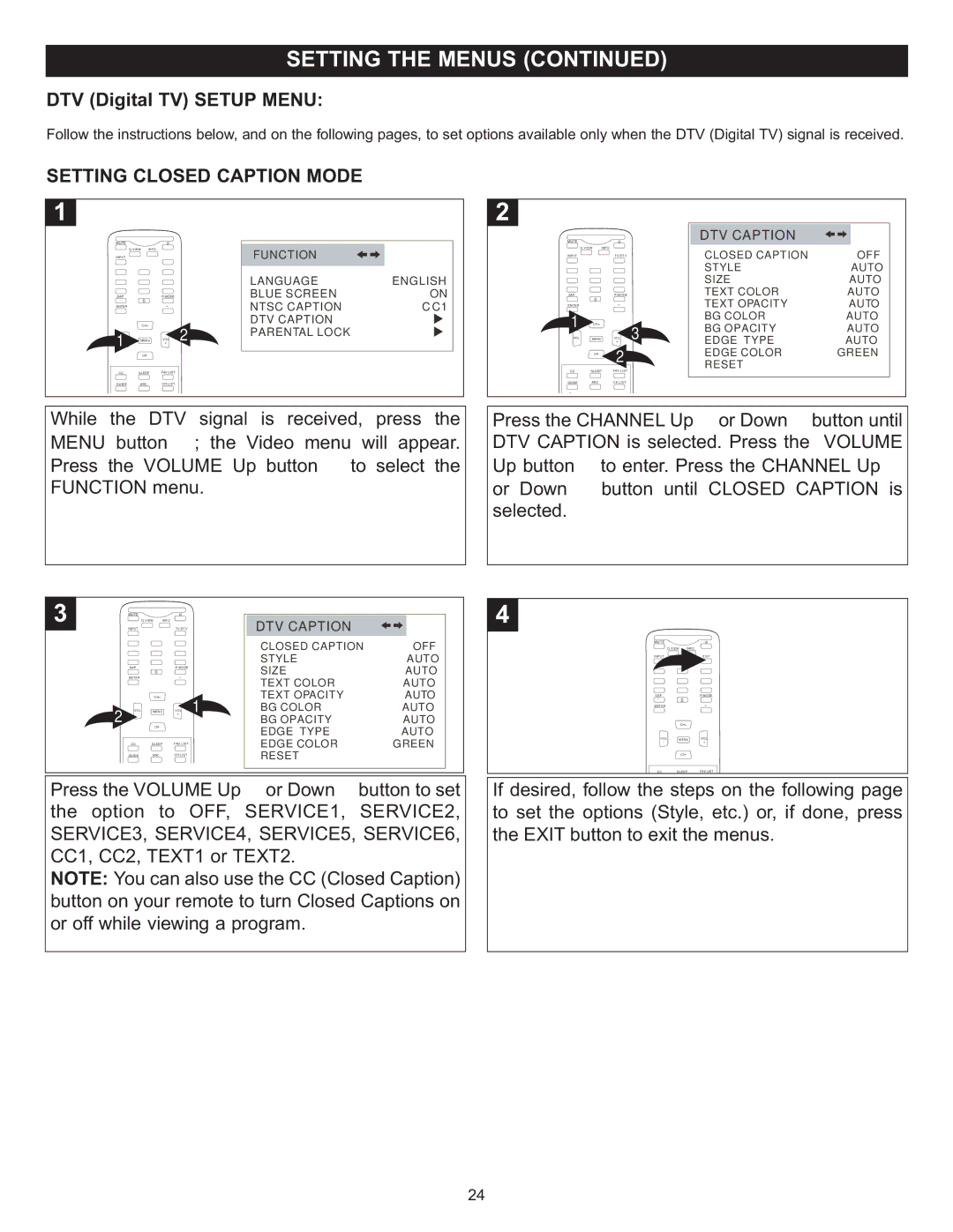 Memorex MT2028D-BLK manual DTV Digital TV Setup Menu, Setting Closed Caption Mode 