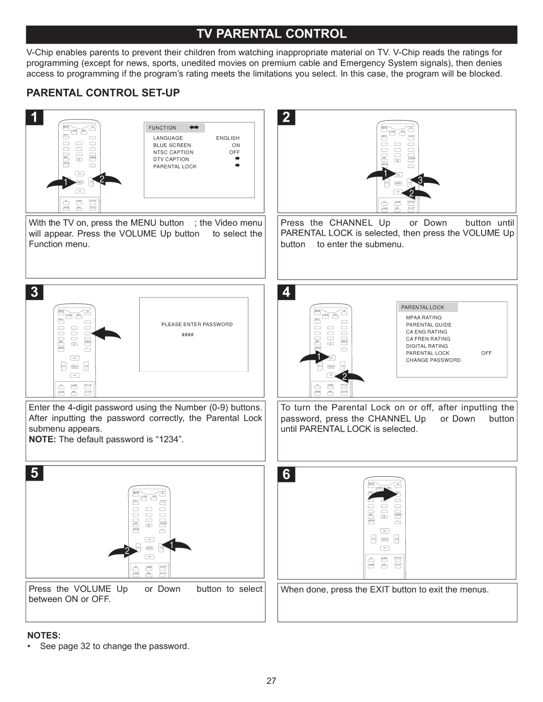 Memorex MT2028D-BLK manual Parental Control SET-UP 