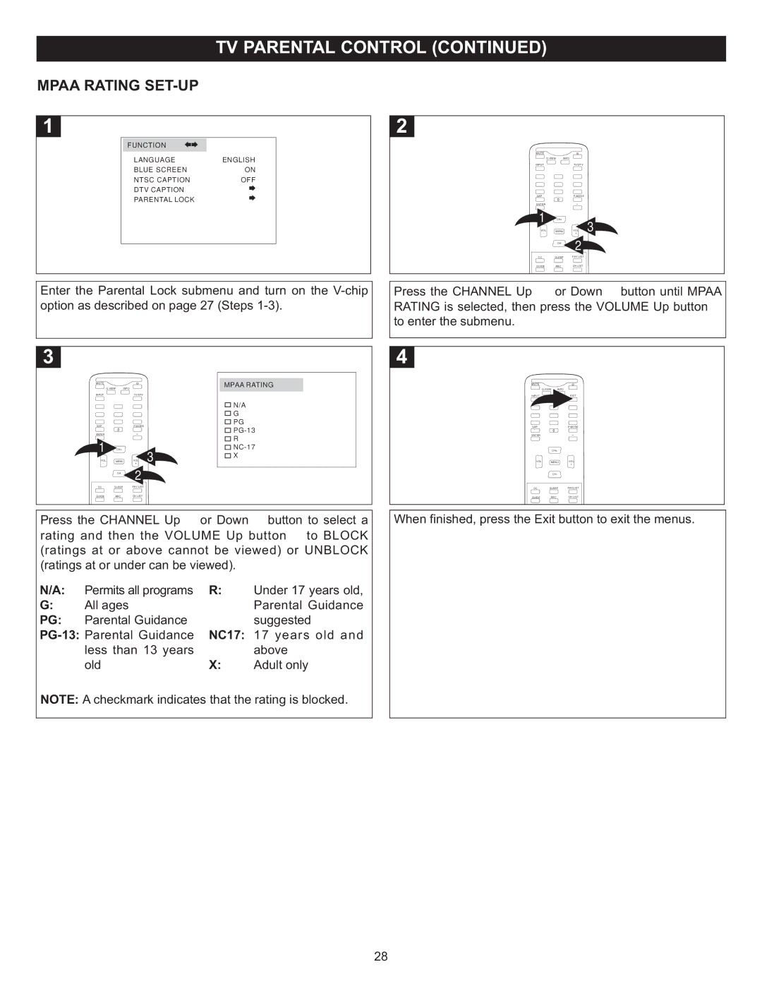 Memorex MT2028D-BLK manual Mpaa Rating SET-UP 