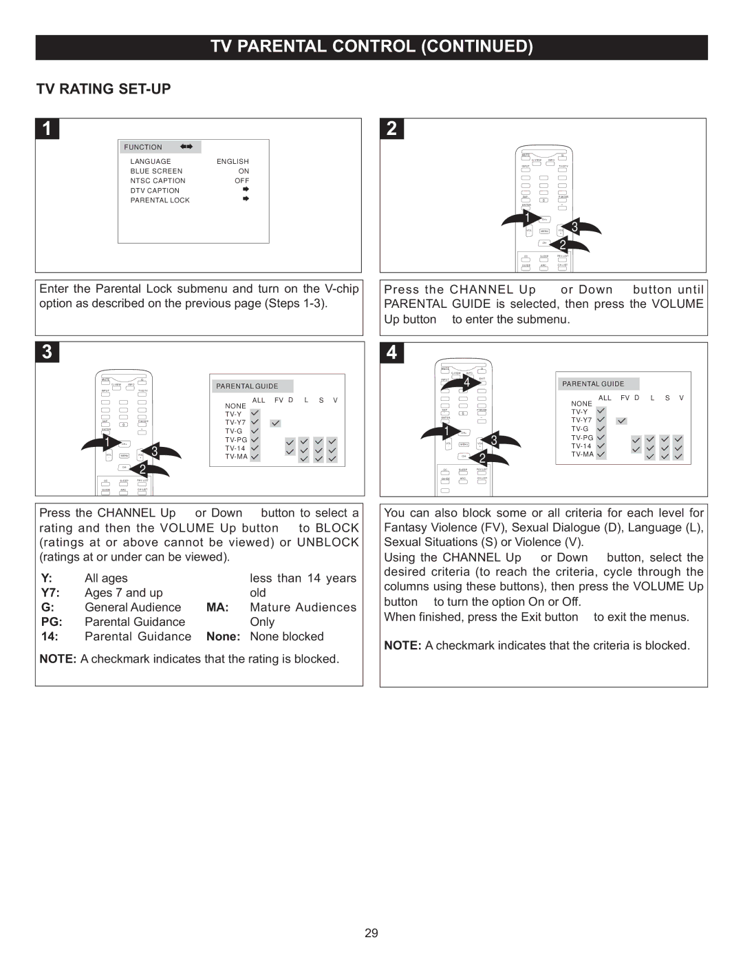 Memorex MT2028D-BLK manual TV Rating SET-UP, Only, Parental Guidance None blocked 