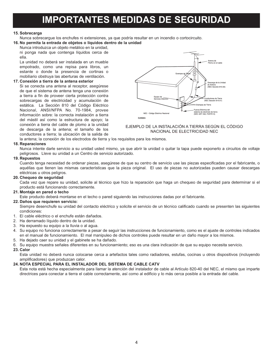 Memorex MT2028D-BLK manual Importantes Medidas DE Seguridad, Nota Especial Para EL Instalador DEL Sistema DE Cable Catv 