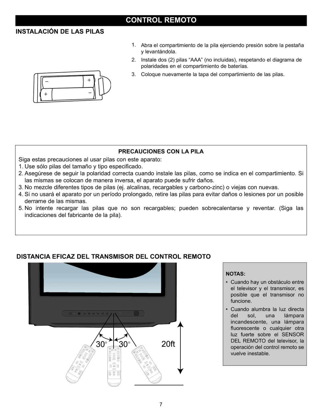 Memorex MT2028D-BLK manual Instalación DE LAS Pilas, Distancia Eficaz DEL Transmisor DEL Control Remoto, Notas 