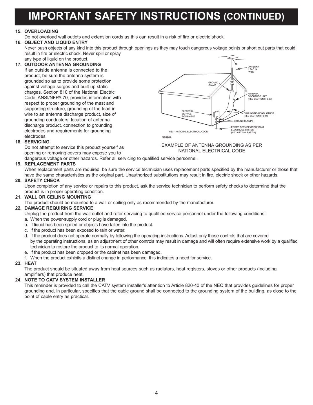 Memorex MT2028D-BLK manual Overloading, Object and Liquid Entry, Outdoor Antenna Grounding, Replacement Parts, Safety Check 