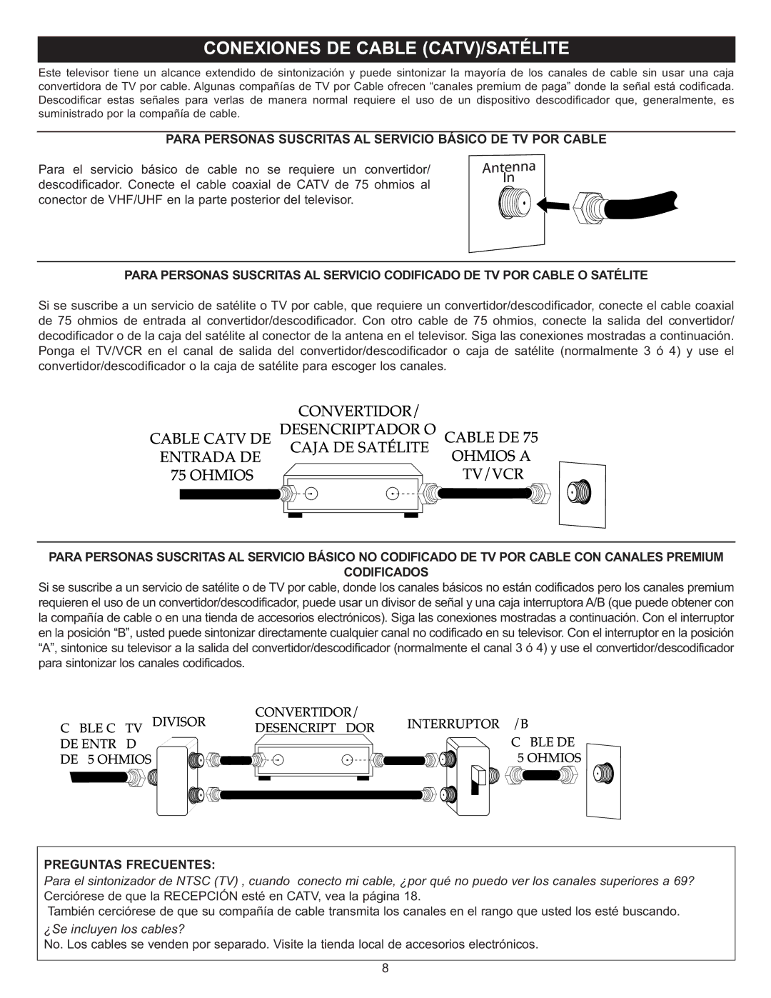 Memorex MT2028D-BLK manual Entrada DE Caja DE Satélite Ohmios a TV/VCR, Preguntas Frecuentes 