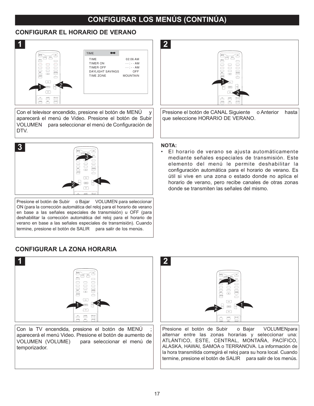 Memorex MT2028D-BLK manual Configurar EL Horario DE Verano, Configurar LA Zona Horaria, Dtv, Nota 