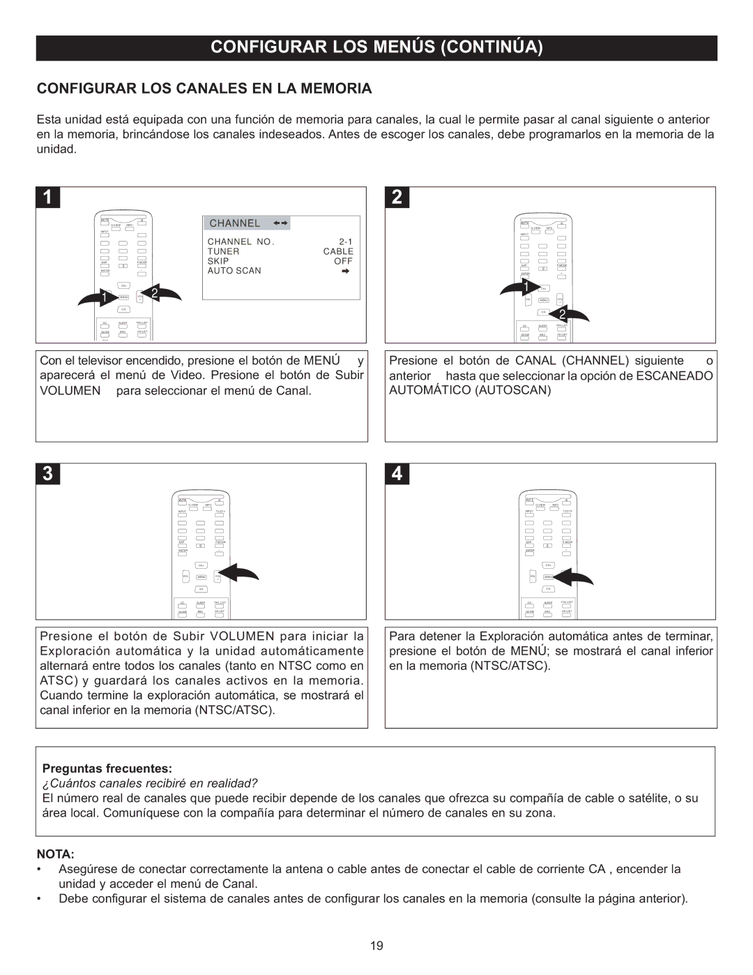 Memorex MT2028D-BLK manual Configurar LOS Canales EN LA Memoria, Aparecerá el me nú d e Vide o. Pre sione el botón 