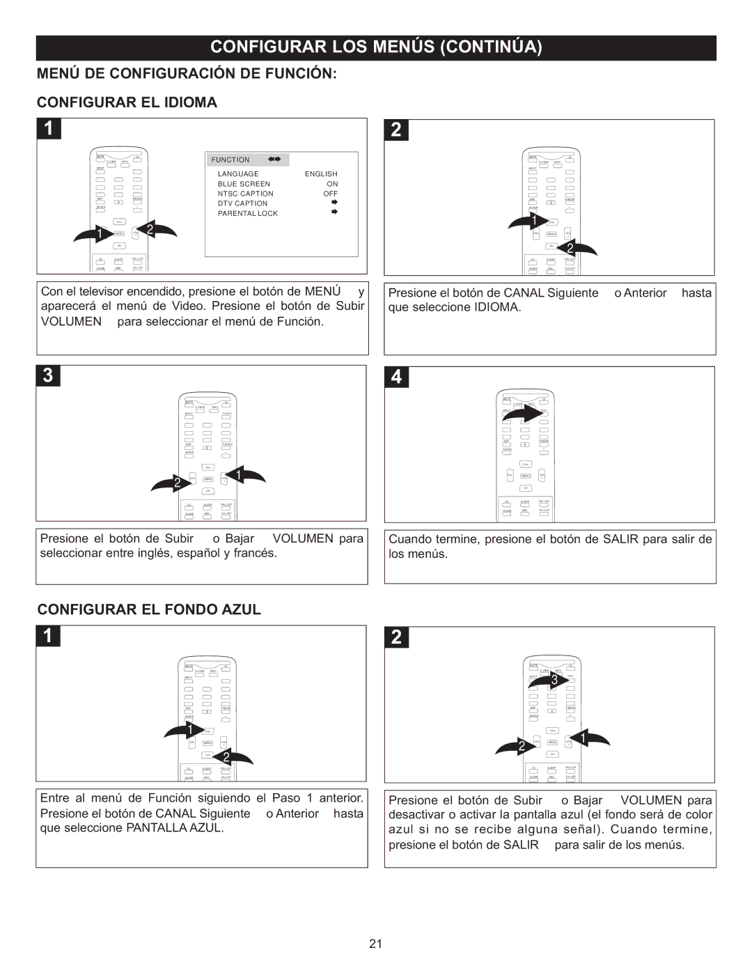 Memorex MT2028D-BLK manual Menú DE Configuración DE Función Configurar EL Idioma, Configurar EL Fondo Azul 