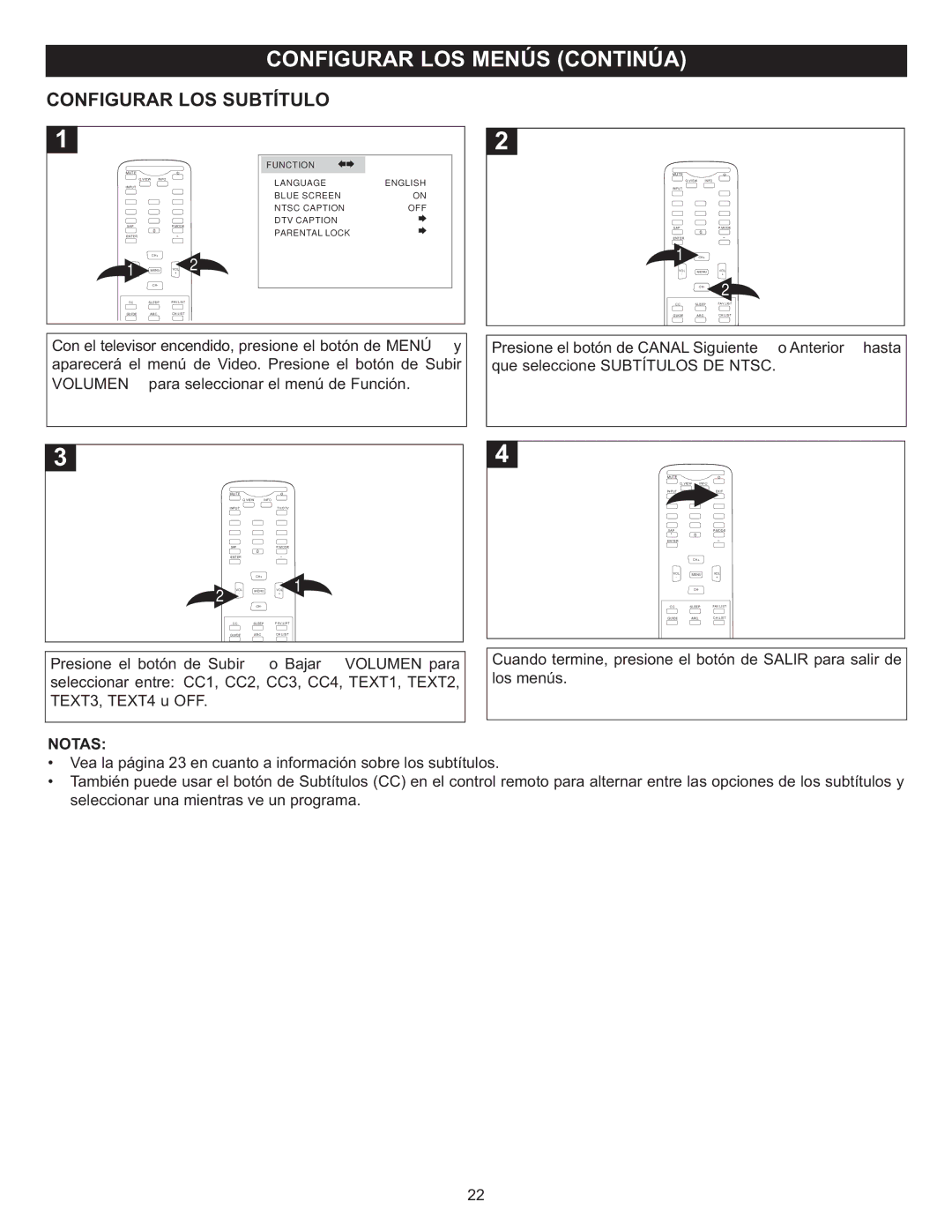 Memorex MT2028D-BLK manual Configurar LOS Subtítulo, Presione el bo tón d e Subir 1 o Bajar 2 Volumen par a 
