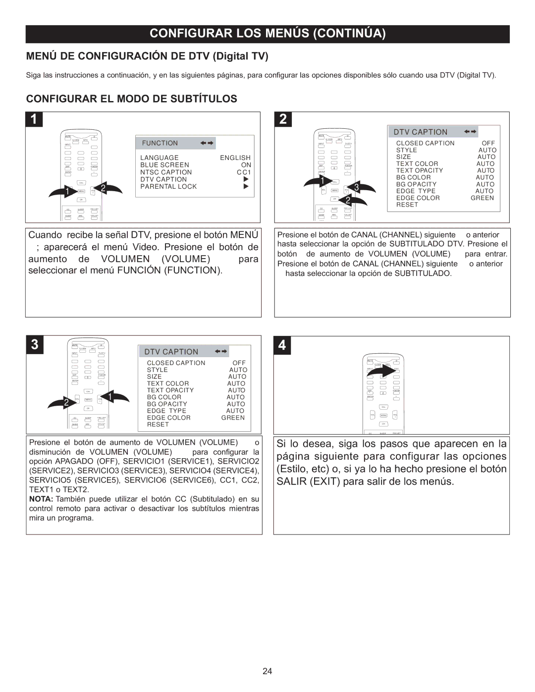 Memorex MT2028D-BLK manual Menú DE Configuración DE DTV Digital TV, Configurar EL Modo DE Subtítulos 