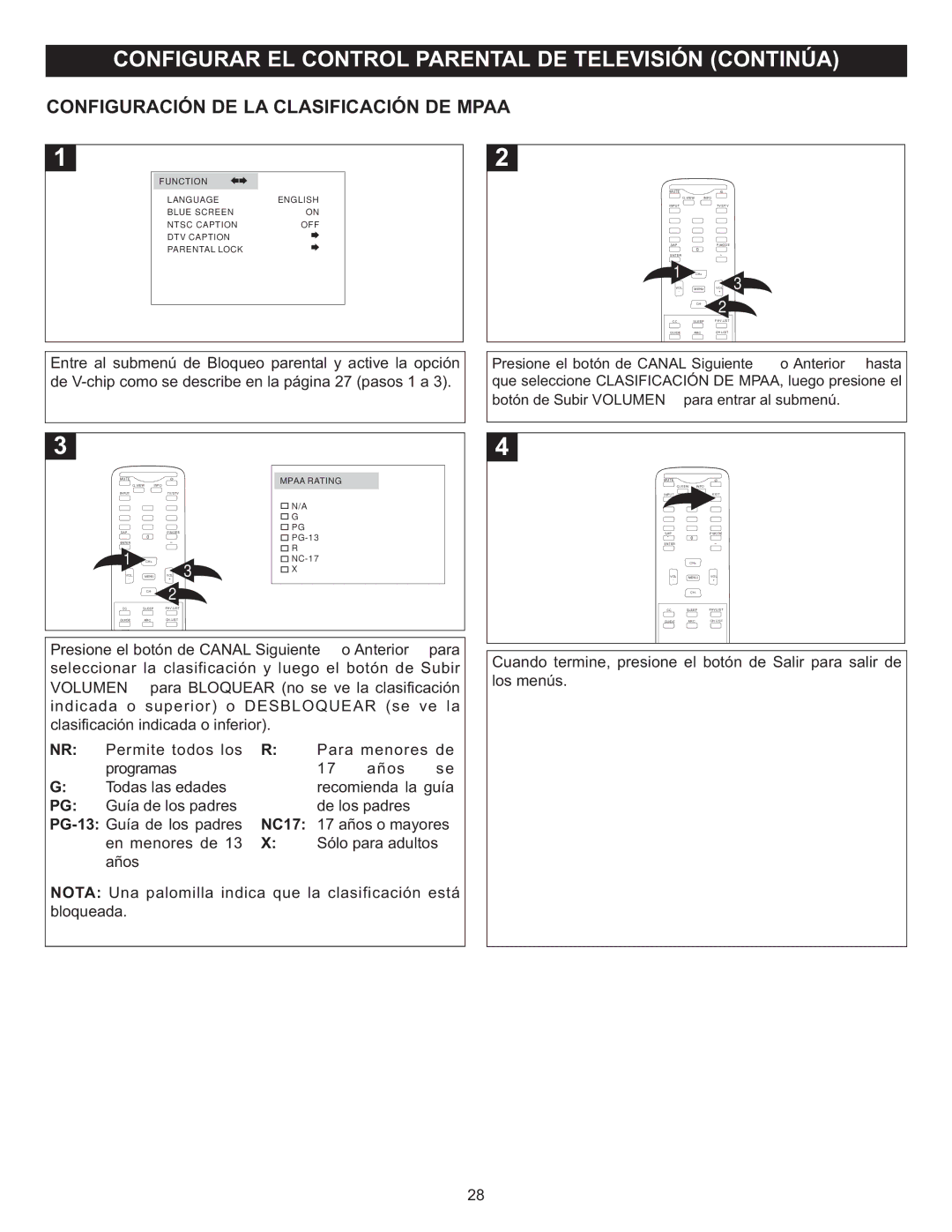 Memorex MT2028D-BLK Configuración DE LA Clasificación DE Mpaa, Presione El botón de Canal Siguiente 1 o Anterior 2 para 