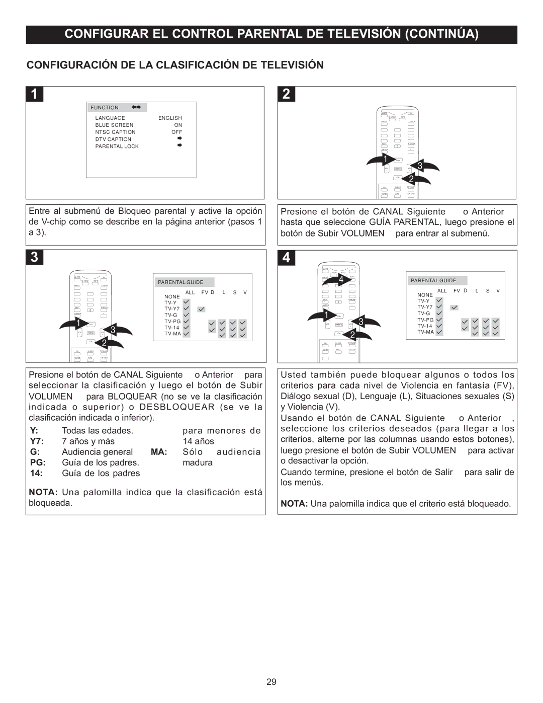 Memorex MT2028D-BLK manual Configuración DE LA Clasificación DE Televisión, Presione e l b otón d e, Canal S 