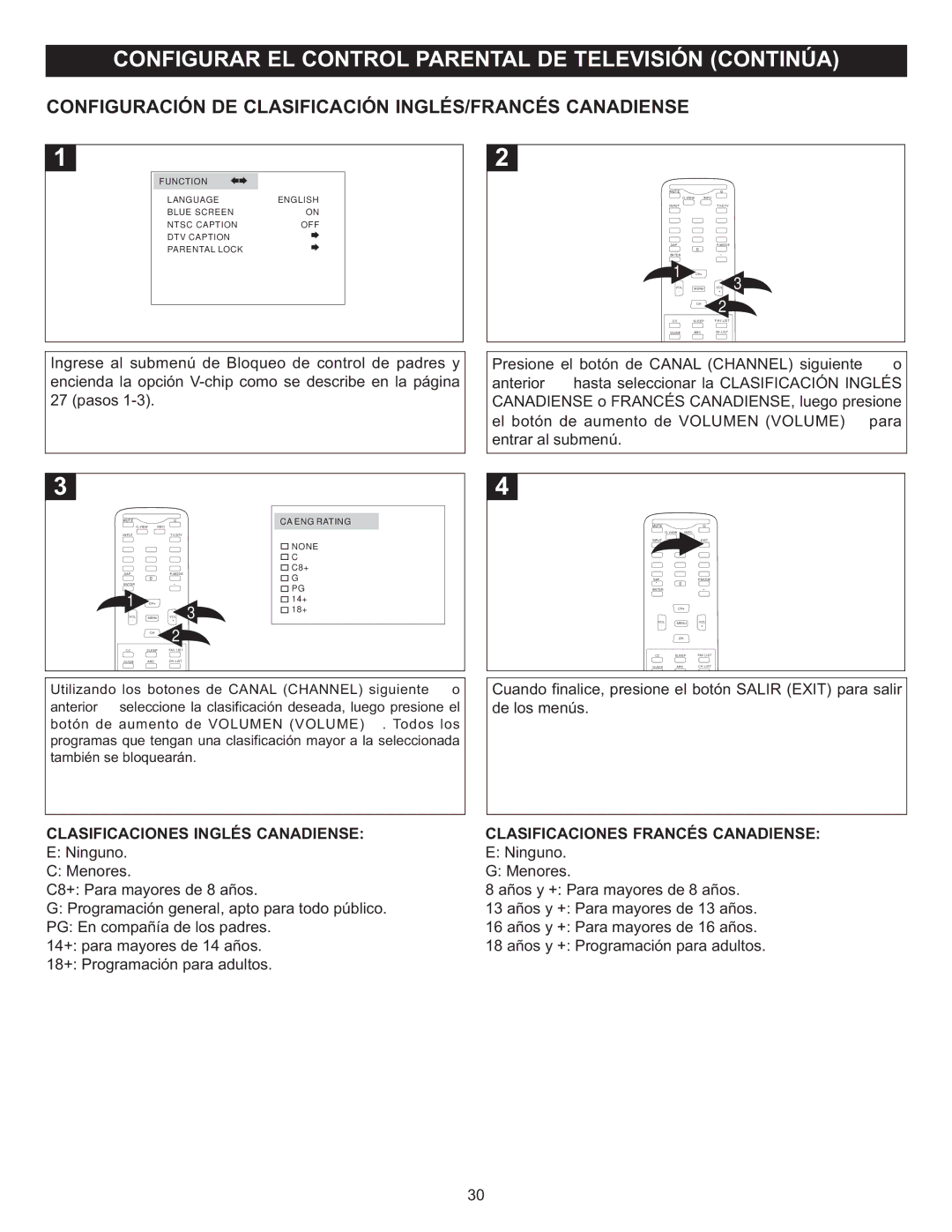 Memorex MT2028D-BLK manual Configuración DE Clasificación INGLÉS/FRANCÉS Canadiense, Clasificaciones Inglés Canadiense 