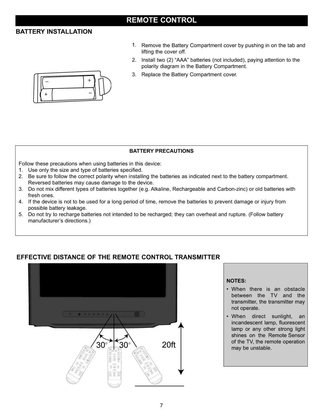 Memorex MT2028D-BLK manual Battery Installation, Effective Distance of the Remote Control Transmitter, Battery Precautions 