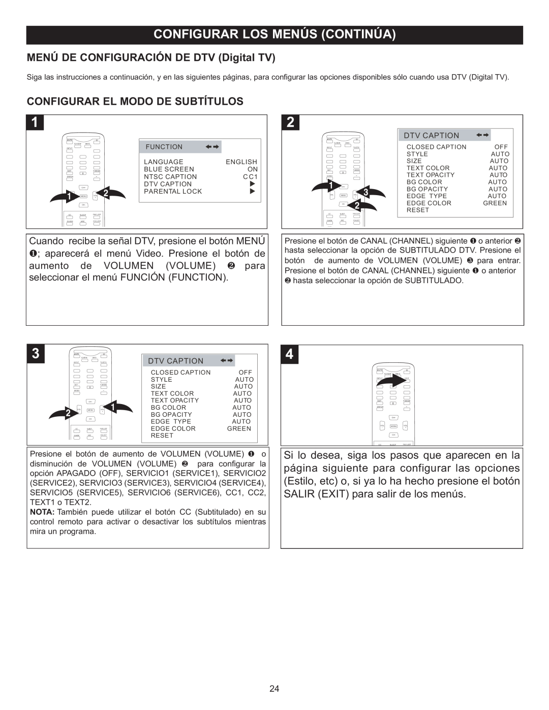 Memorex MT2028D-BLK manual MENÚ DE CONFIGURACIÓN DE DTV Digital TV, Configurar El Modo De Subtítulos 
