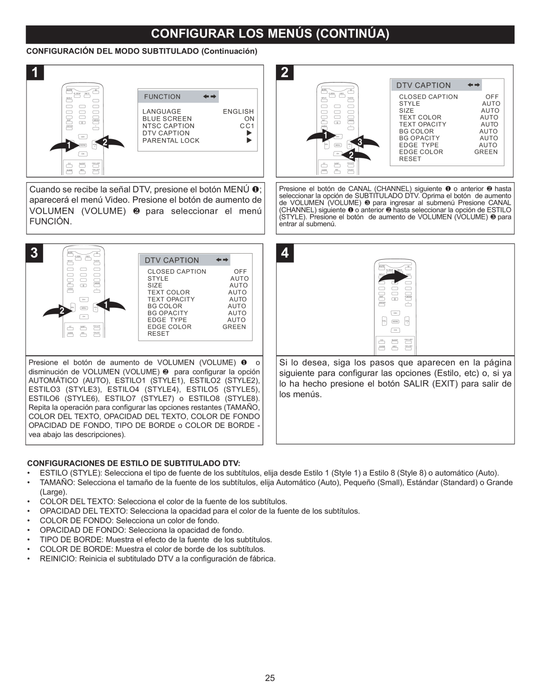 Memorex MT2028D-BLK manual CONFIGURACIÓN DEL MODO SUBTITULADO Continuación, Configuraciones De Estilo De Subtitulado Dtv 