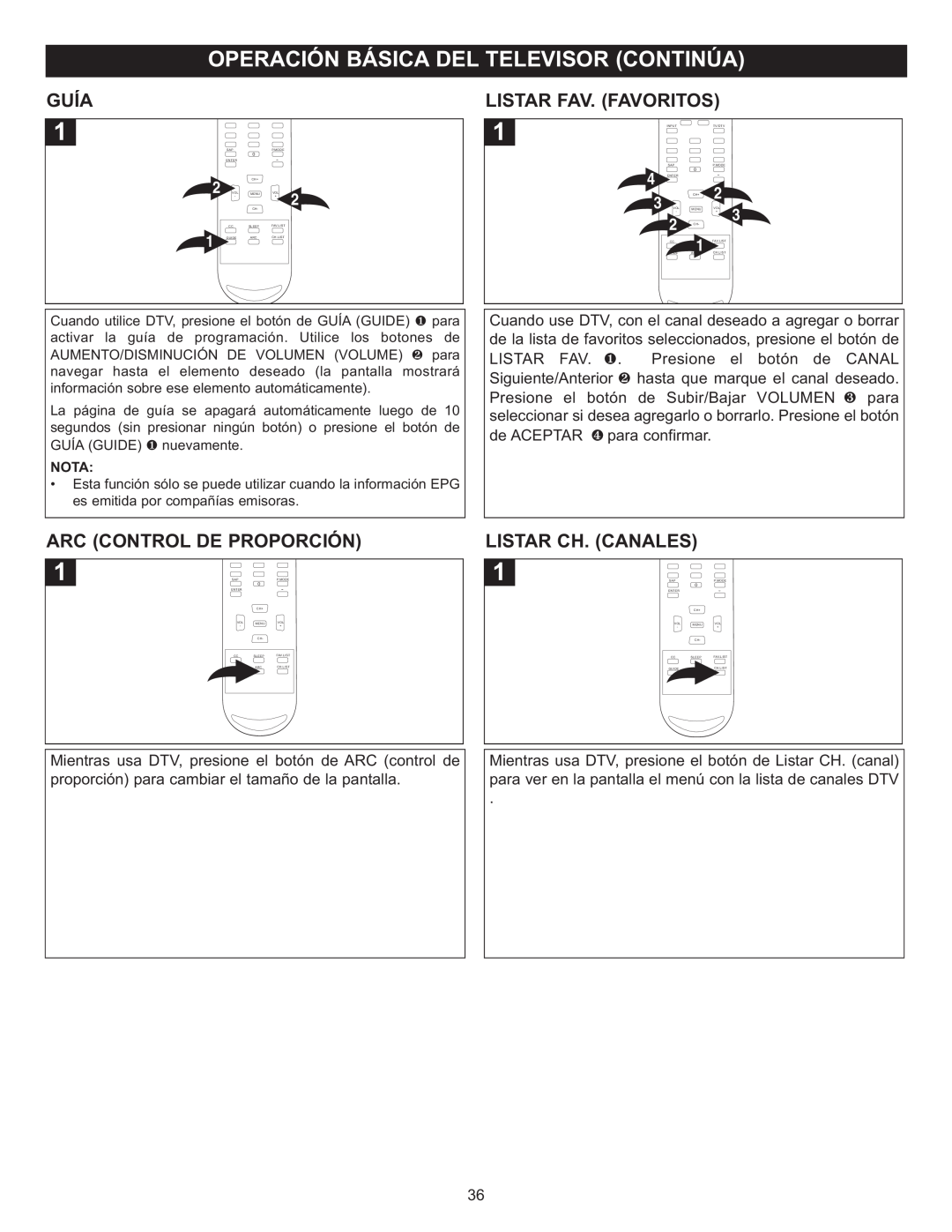 Memorex MT2028D-BLK manual Guía, Arc Control De Proporción, Listar Fav.Favor Itos, Listar Ch. Canales 