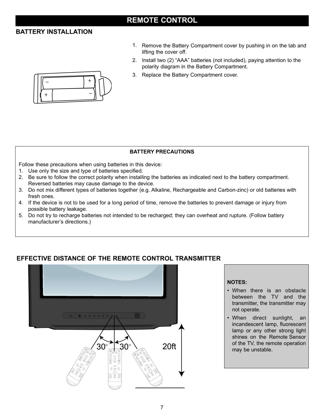 Memorex MT2028D-BLK manual Battery Installation, Effective Distance Of The Remote Control Transmitter, Battery Precautions 