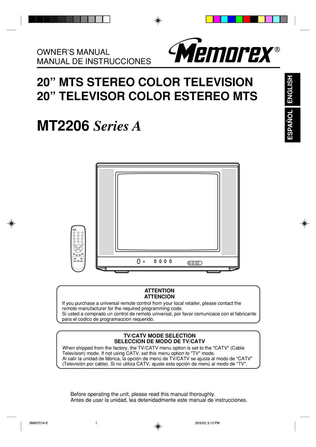 Memorex MT2206 owner manual Attencion, TV/CATV Mode Selection Seleccion DE Modo DE TV/CATV 