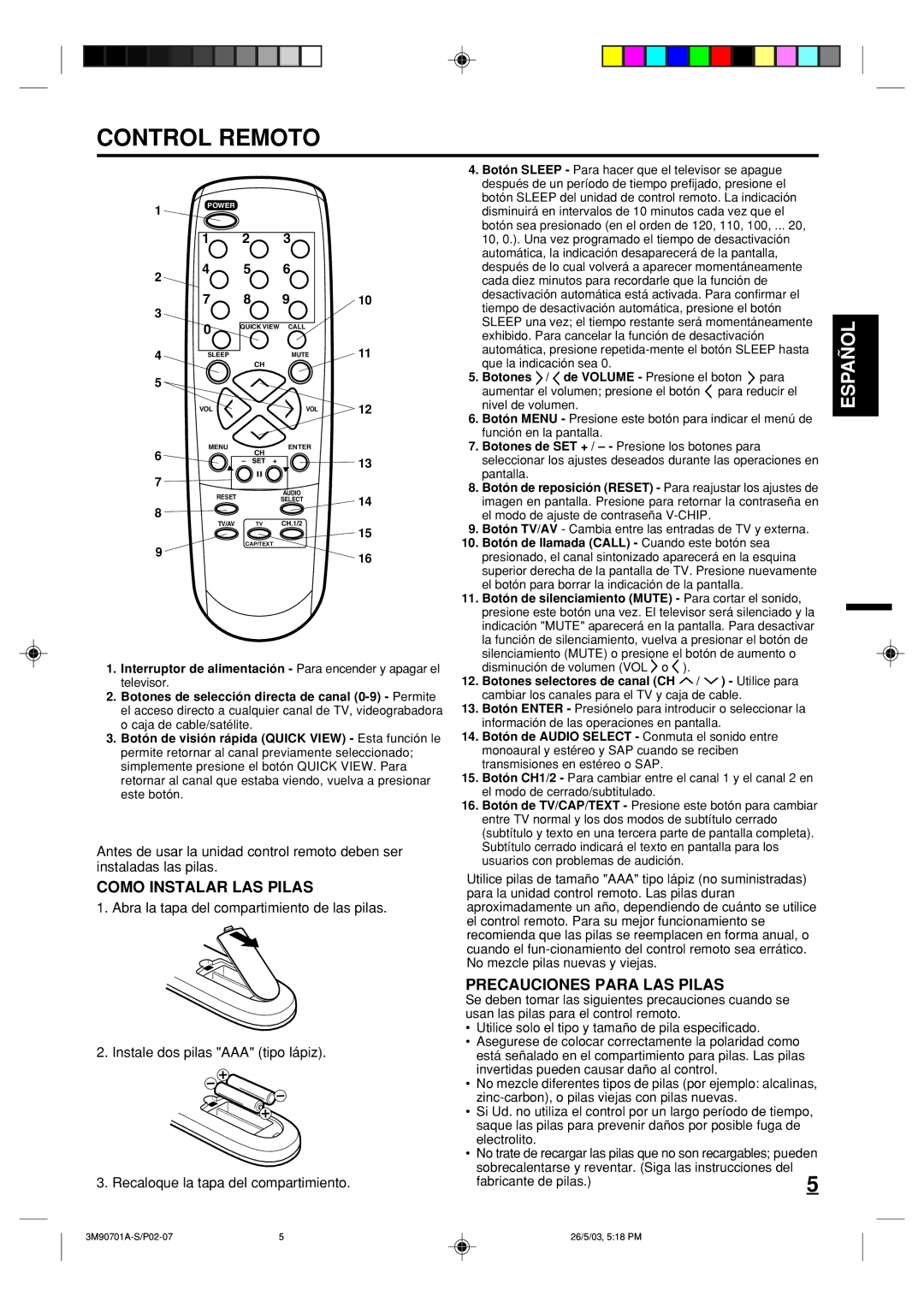 Memorex MT2206 owner manual Control Remoto, Como Instalar LAS Pilas, Precauciones Para LAS Pilas 