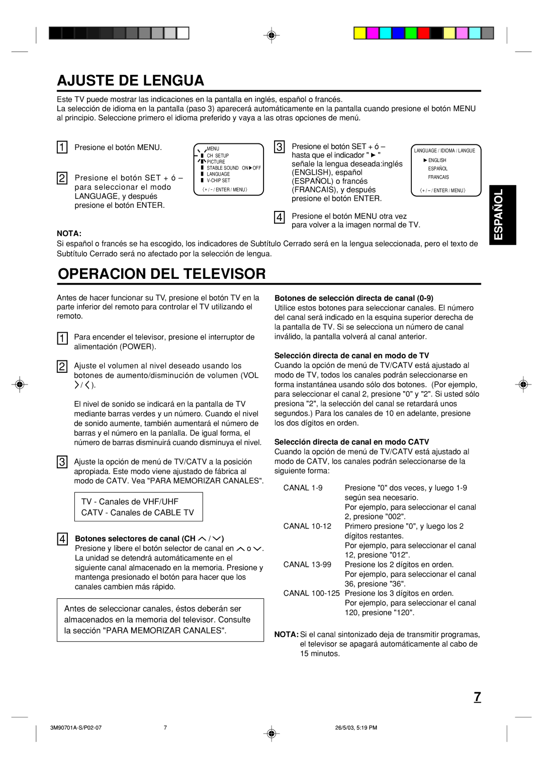 Memorex MT2206 owner manual Ajuste DE Lengua, Operacion DEL Televisor, Nota 