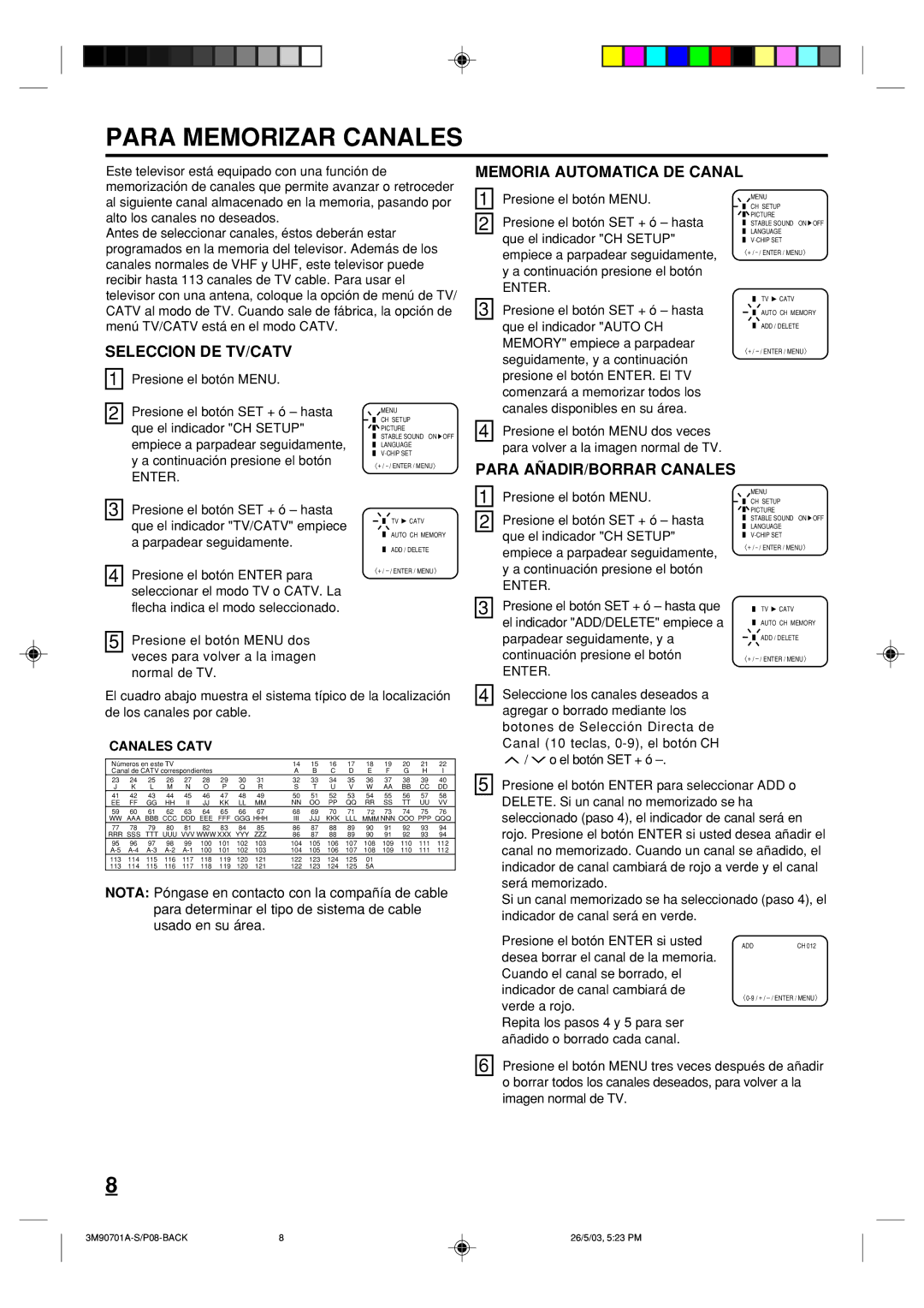 Memorex MT2206 Para Memorizar Canales, Memoria Automatica DE Canal, Seleccion DE TV/CATV, Para AÑADIR/BORRAR Canales 