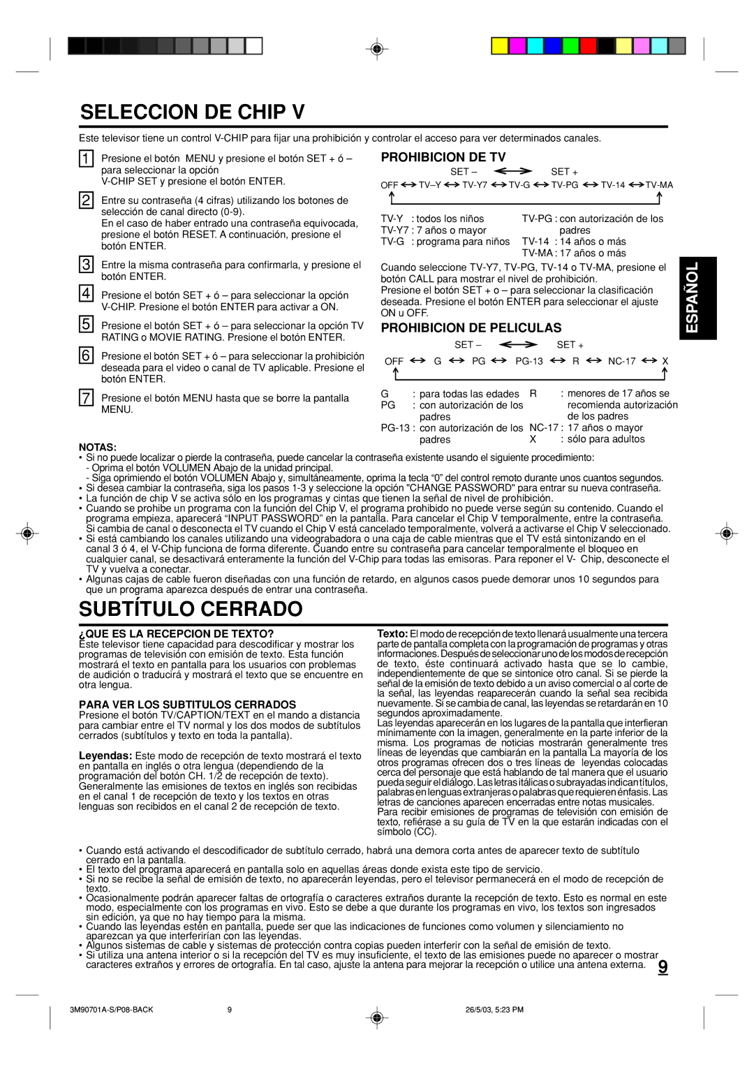 Memorex MT2206 owner manual Seleccion DE Chip, Subtítulo Cerrado, Prohibicion DE TV, Prohibicion DE Peliculas 