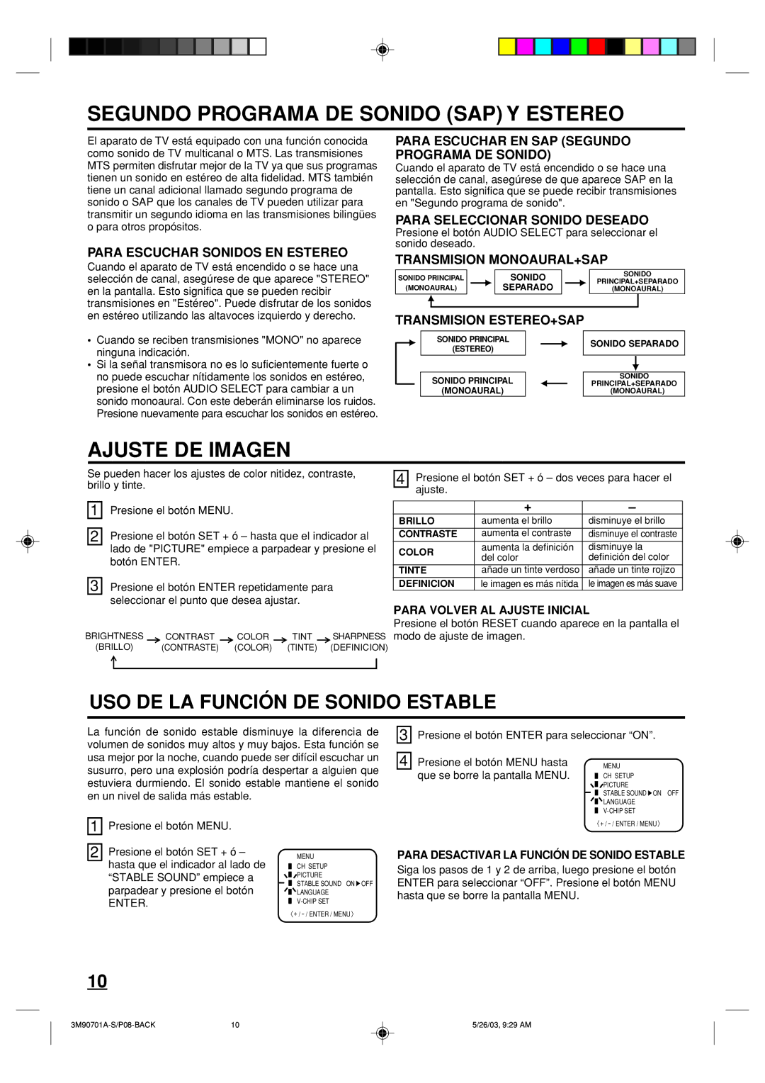 Memorex MT2206 owner manual Segundo Programa DE Sonido SAP Y Estereo, Ajuste DE Imagen, USO DE LA Función DE Sonido Estable 