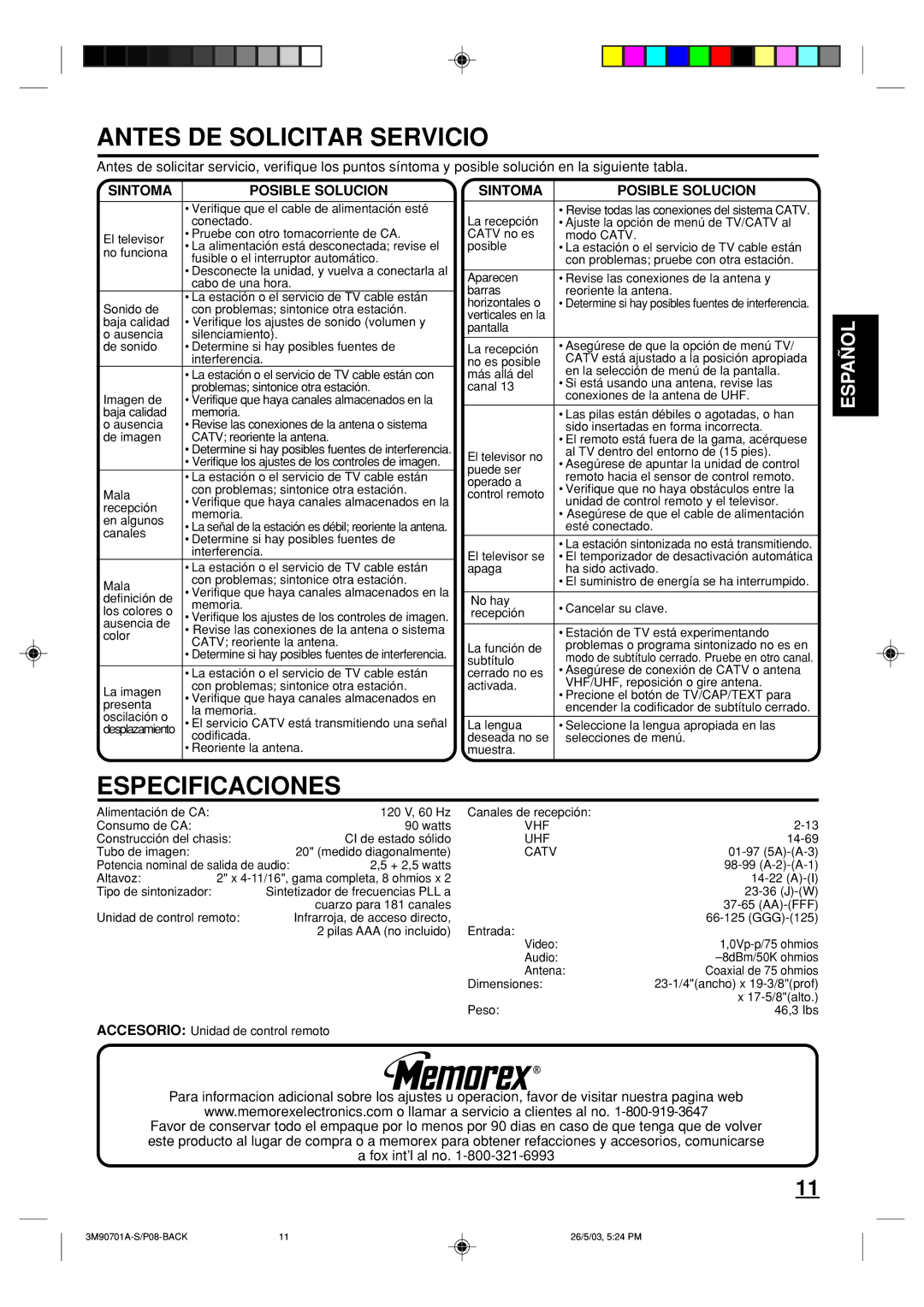 Memorex MT2206 owner manual Antes DE Solicitar Servicio, Especificaciones 