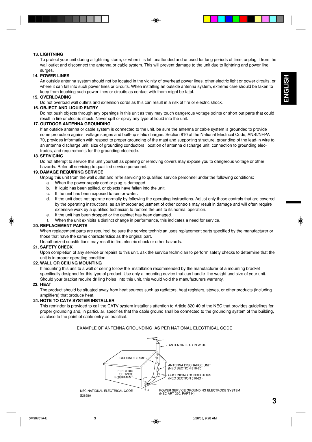 Memorex MT2206 Lightning, Power Lines, Overloading, Object and Liquid Entry, Outdoor Antenna Grounding, Servicing 