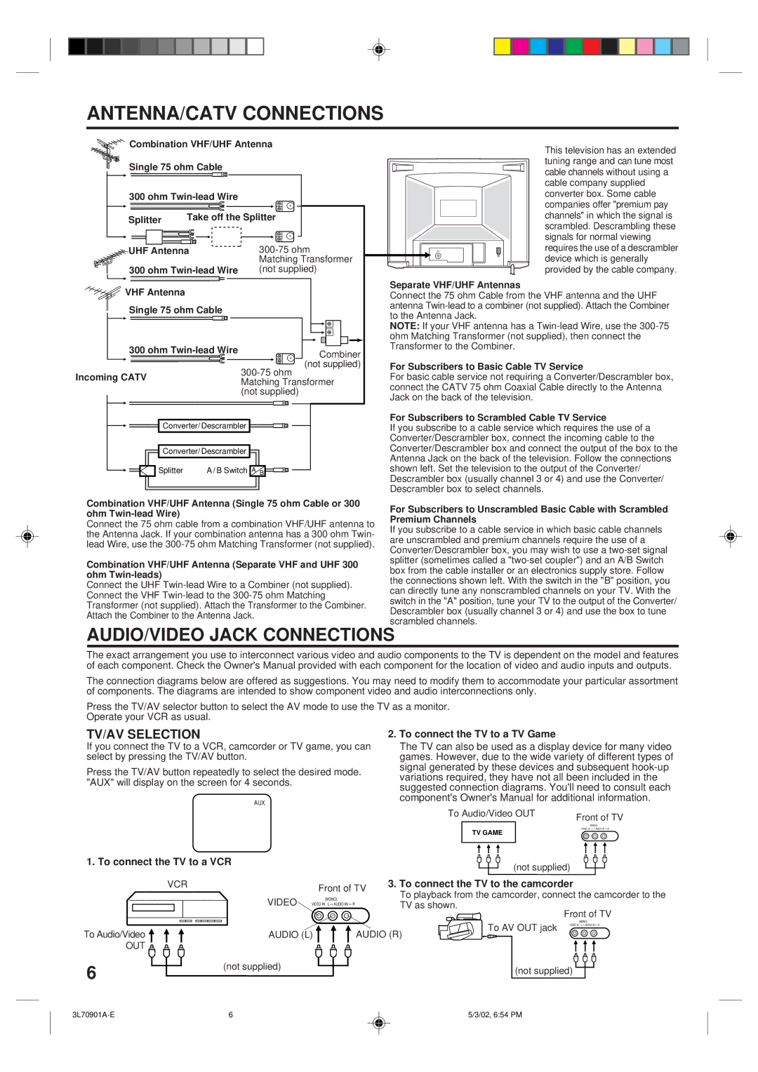 Memorex MT2206 owner manual ANTENNA/CATV Connections, To connect the TV to a TV Game, To connect the TV to a VCR VCR 