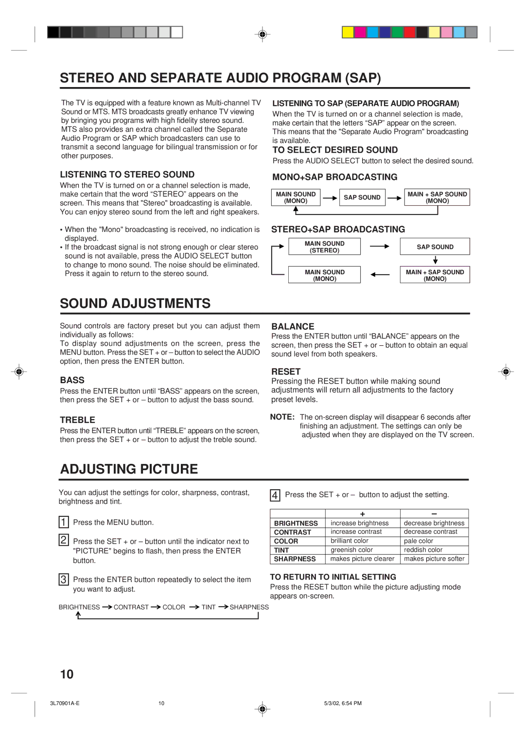 Memorex MT2206 owner manual Stereo and Separate Audio Program SAP, Sound Adjustments 