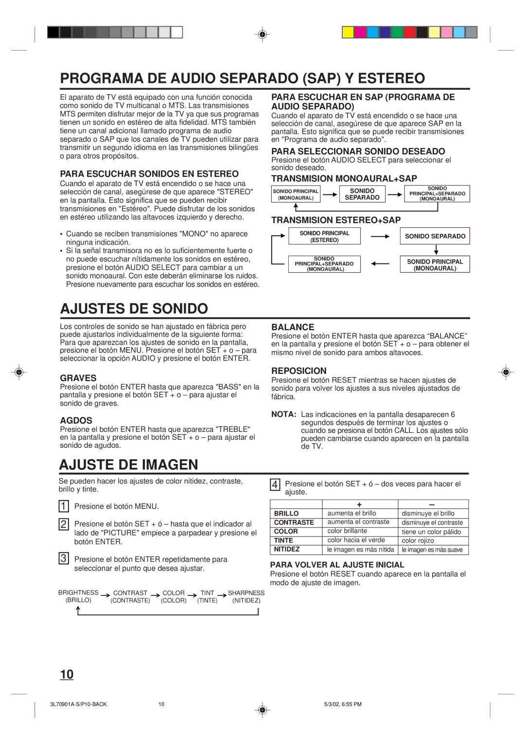 Memorex MT2206 owner manual Programa DE Audio Separado SAP Y Estereo, Ajustes DE Sonido 