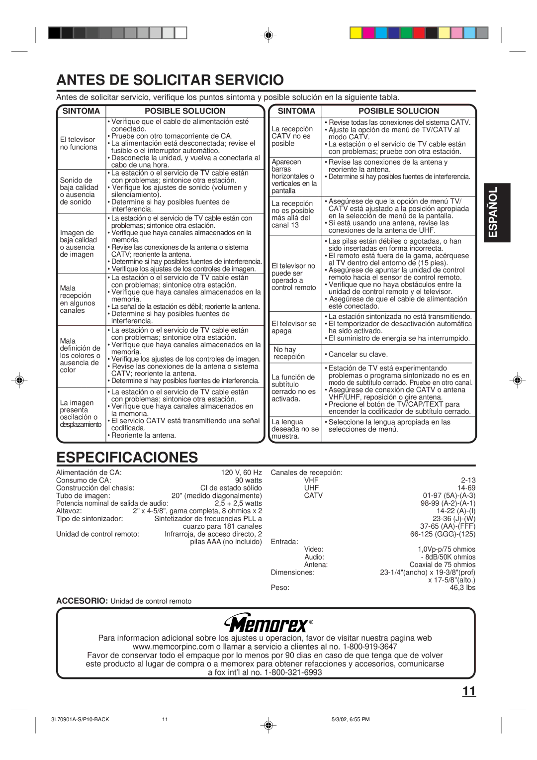 Memorex MT2206 owner manual 4-5/8, gama completa, 8 ohmios x 