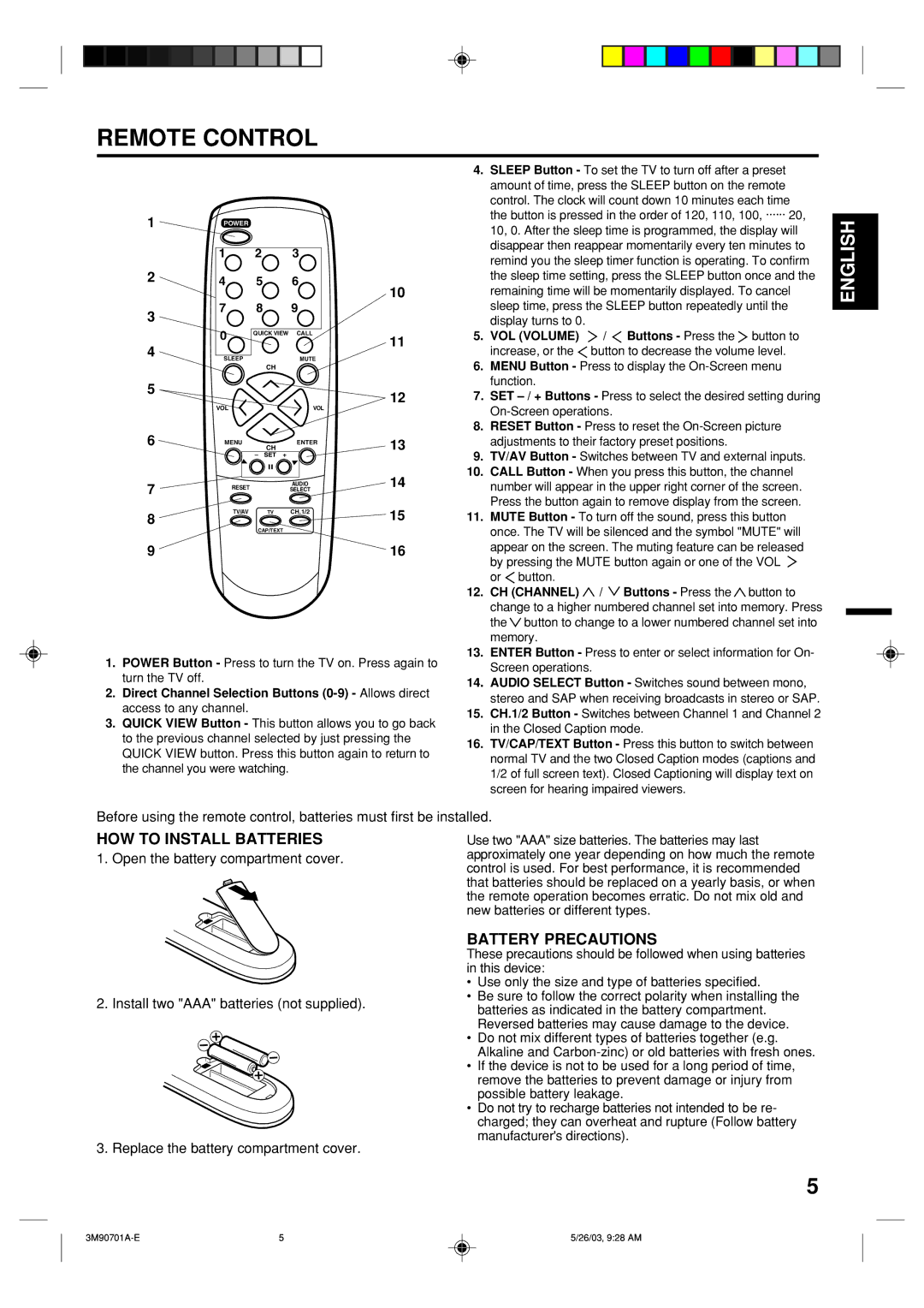 Memorex MT2206 owner manual Remote Control, HOW to Install Batteries, Battery Precautions 