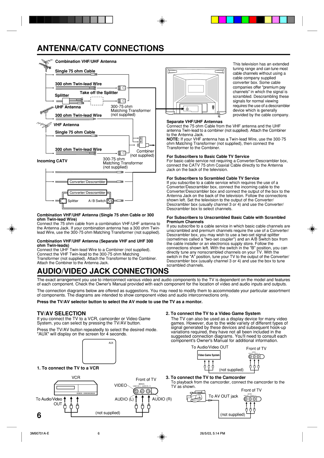 Memorex MT2206 owner manual TV/AV Selection, To connect the TV to a VCR 