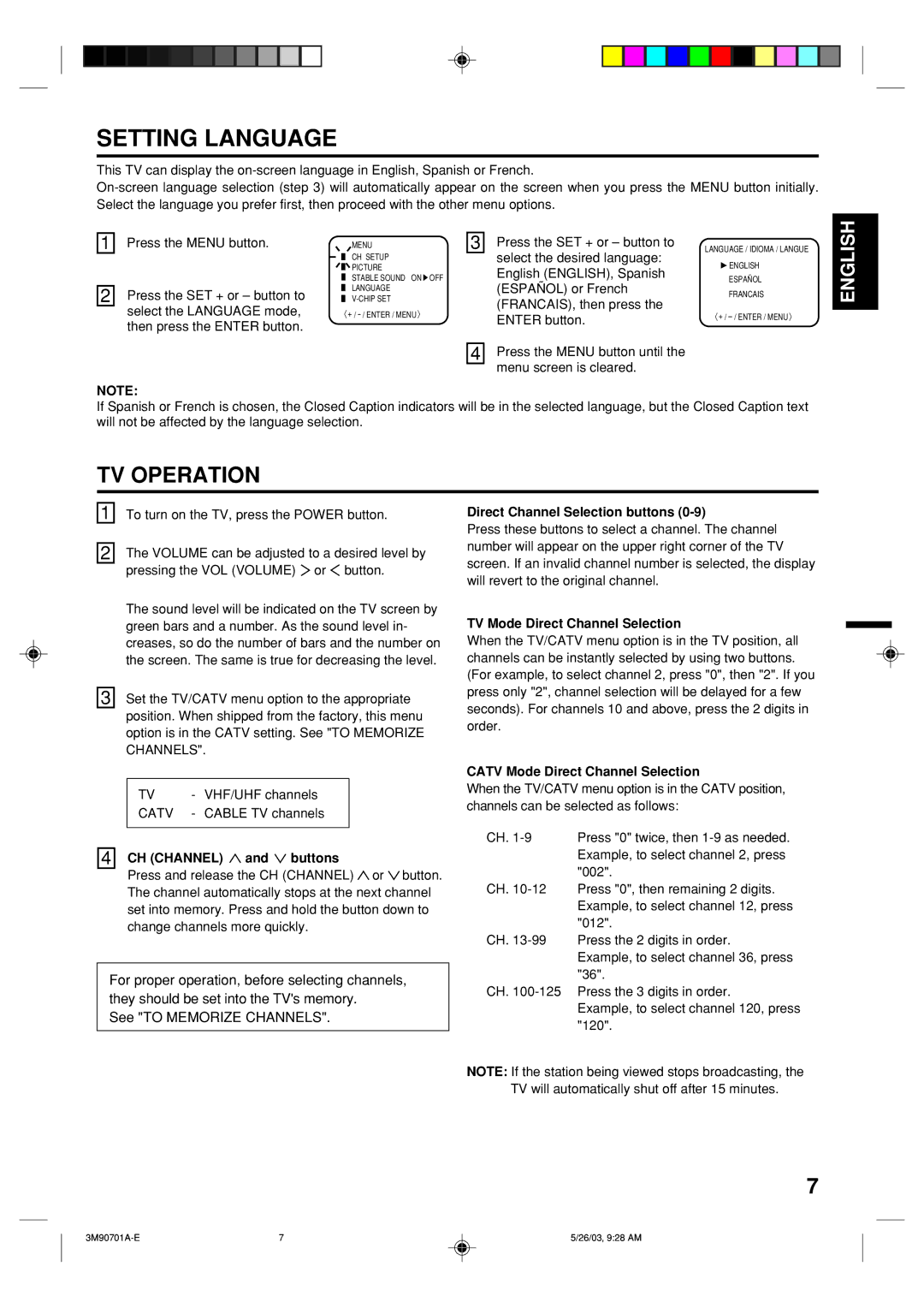 Memorex MT2206 owner manual Setting Language, CH Channel and buttons, Direct Channel Selection buttons 