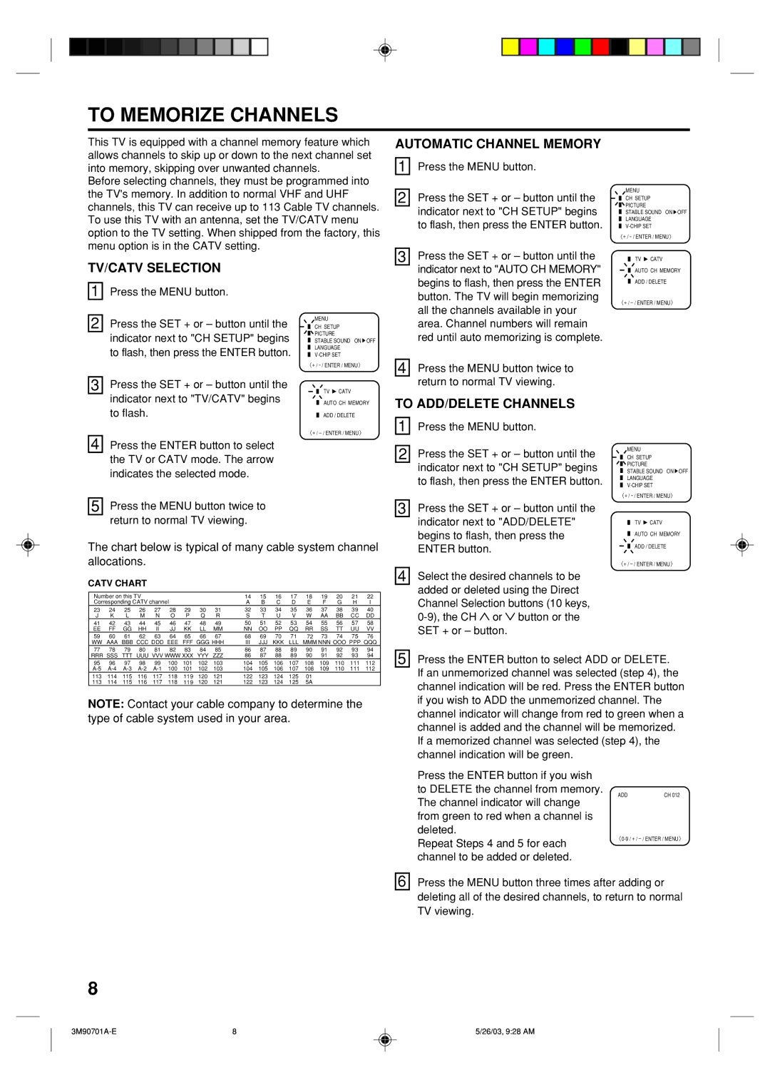 Memorex MT2206 owner manual To Memorize Channels, Automatic Channel Memory, TV/CATV Selection, To ADD/DELETE Channels 