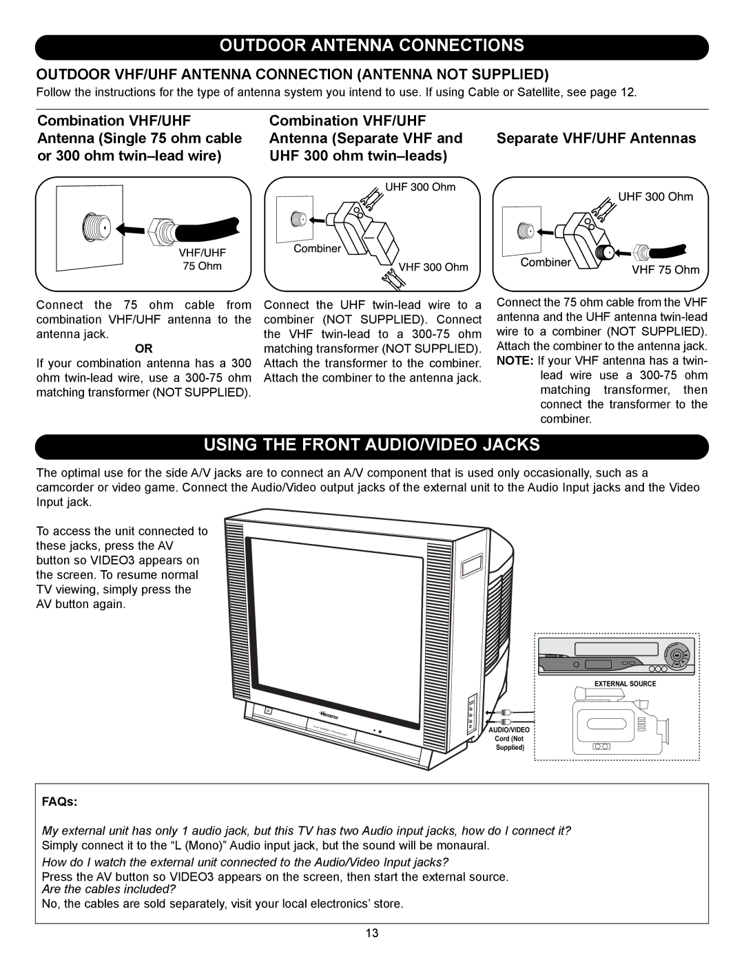 Memorex MT2245 manual Outdoor Antenna Connections, Using the Front AUDIO/VIDEO Jacks 