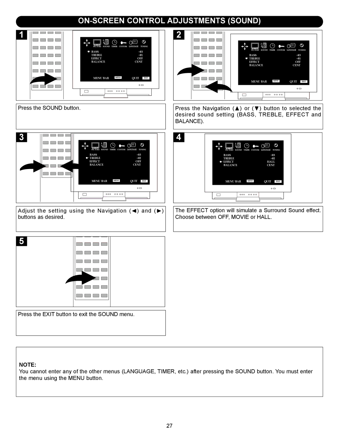 Memorex MT2245 manual ON-SCREEN Control Adjustments Sound, Press the Sound button 