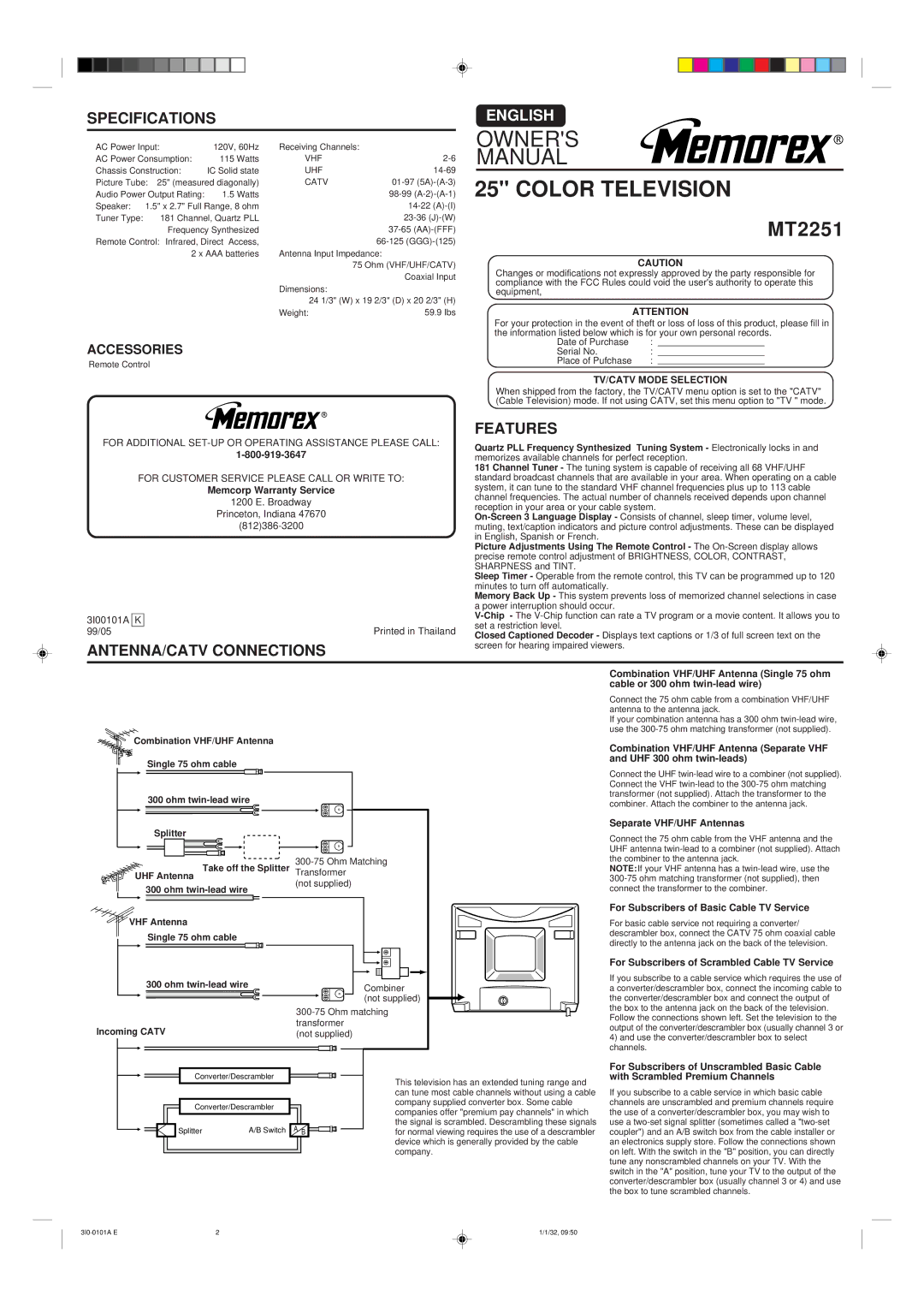 Memorex MT2251 owner manual Specifications, Features, ANTENNA/CATV Connections, TV/CATV Mode Selection 