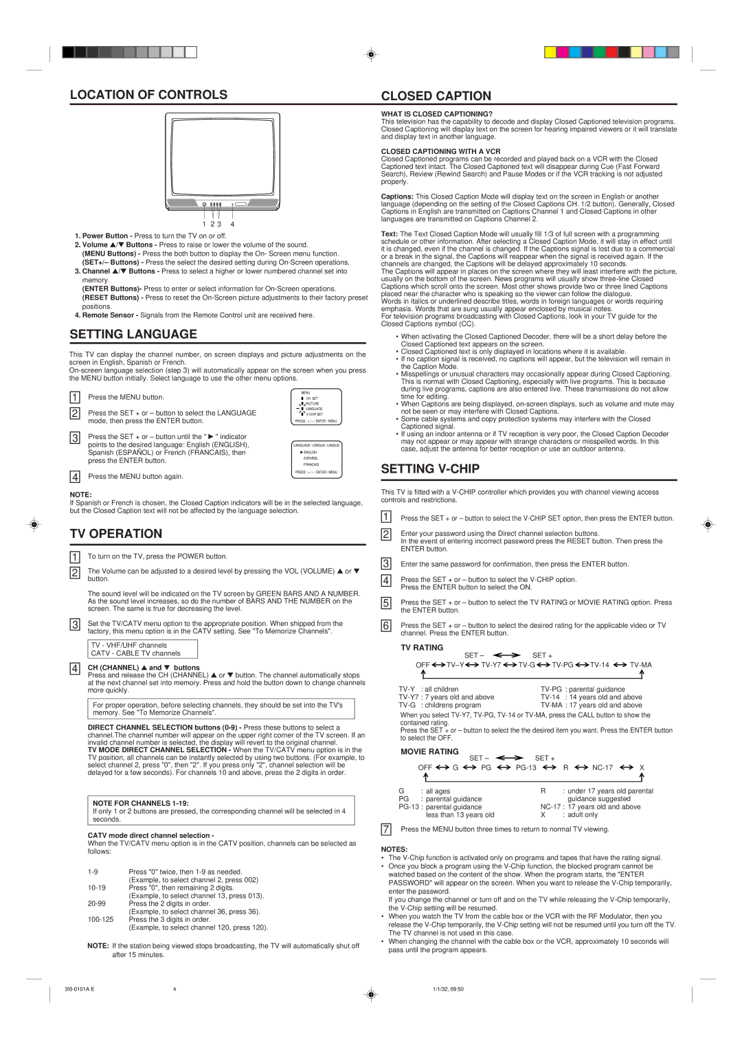 Memorex MT2251 owner manual Location of Controls Closed Caption, Setting Language, TV Operation, Setting V-CHIP 