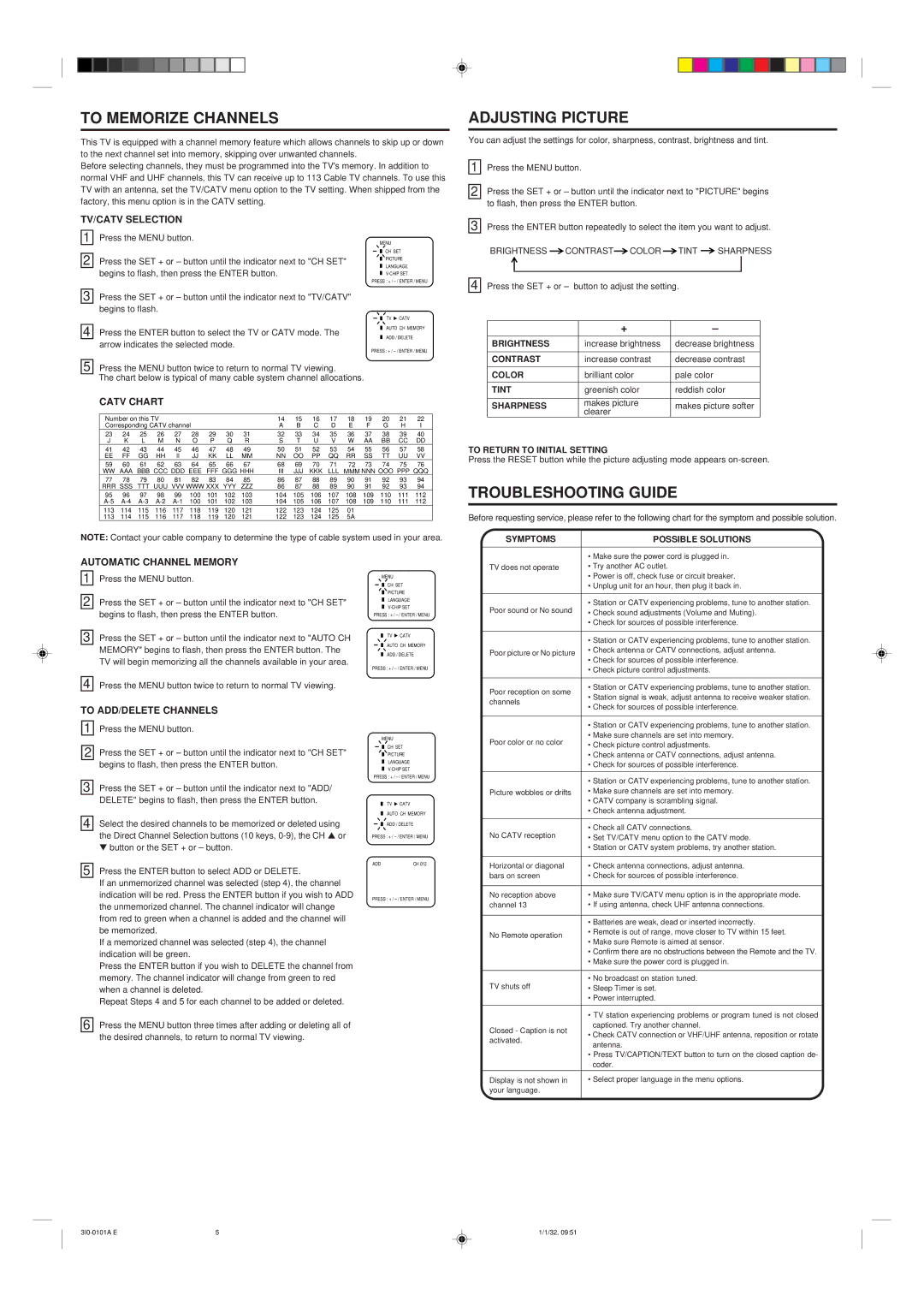 Memorex MT2251 owner manual To Memorize Channels, Adjusting Picture, Troubleshooting Guide 