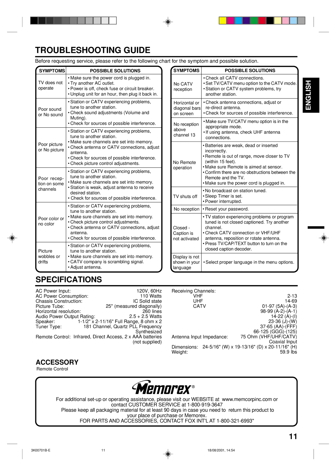 Memorex MT2252, MT2252 SERIES A owner manual Troubleshooting Guide, Symptoms Possible Solutions 