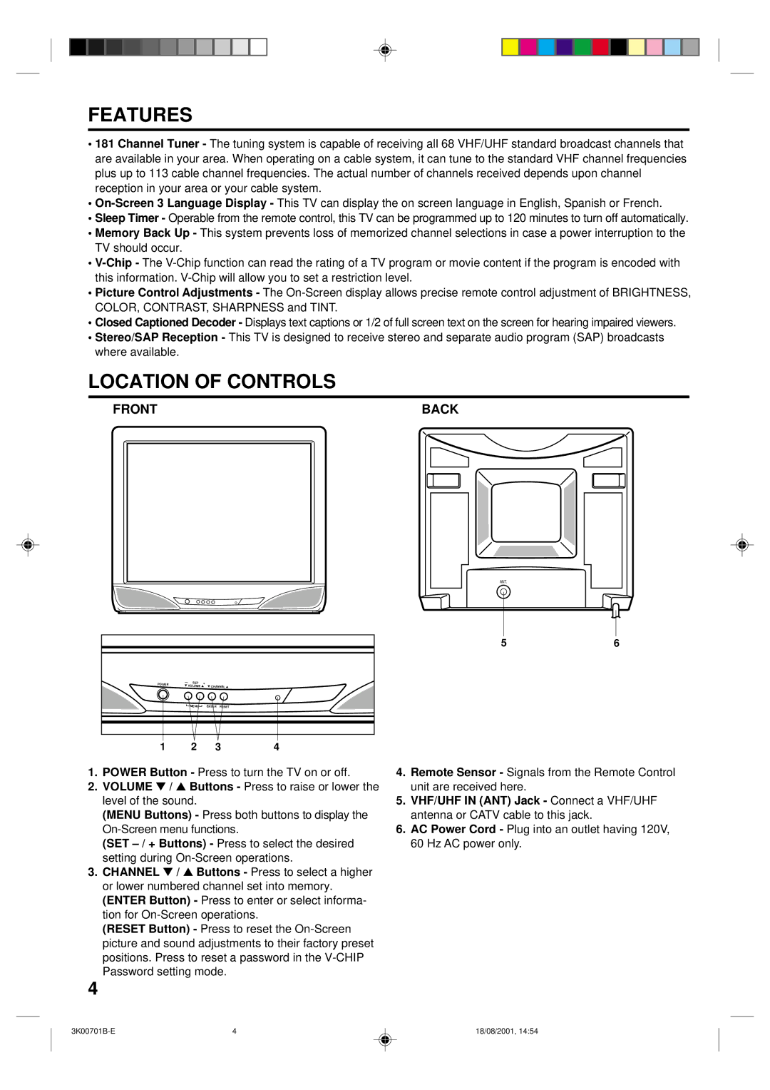 Memorex MT2252, MT2252 SERIES A owner manual Features, Location of Controls, Front Back 