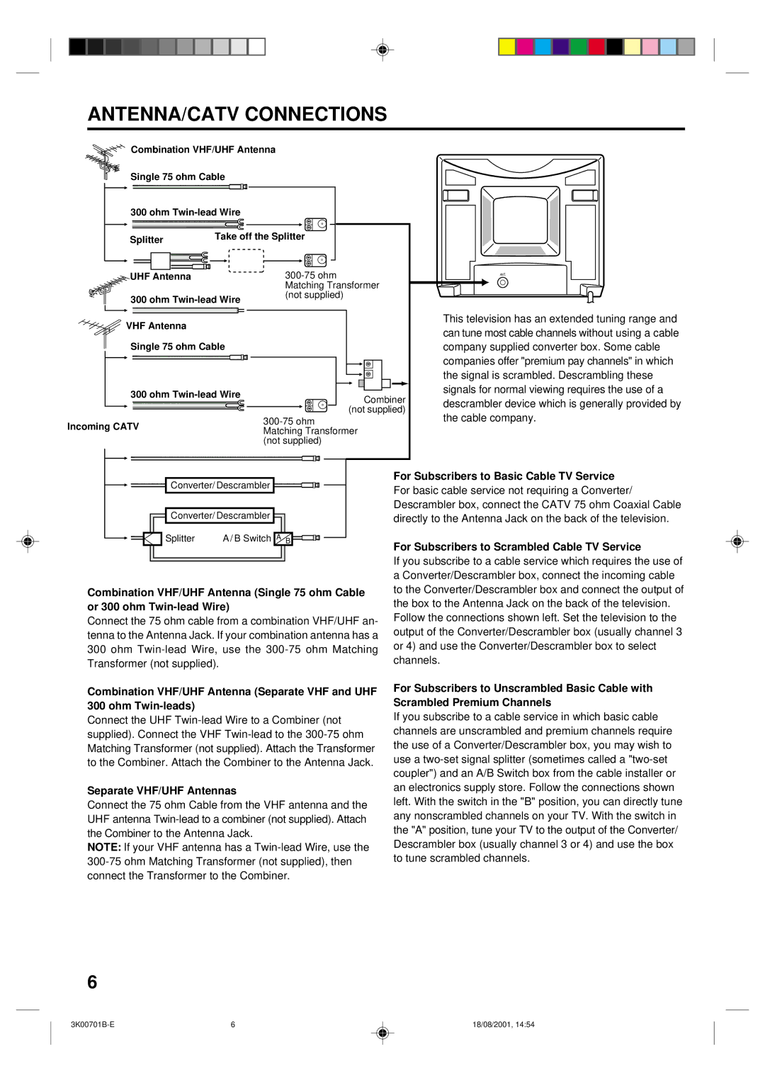 Memorex MT2252, MT2252 SERIES A owner manual ANTENNA/CATV Connections, Separate VHF/UHF Antennas 