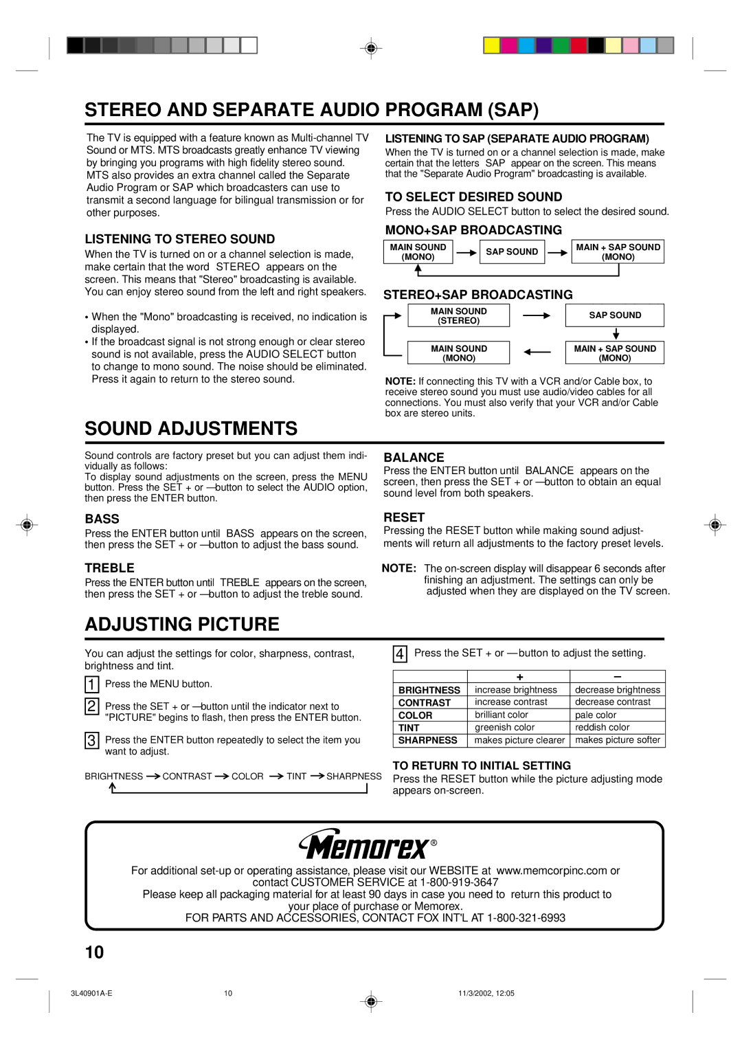 Memorex MT2252S MT2271S owner manual Stereo and Separate Audio Program SAP, Sound Adjustments, Adjusting Picture 