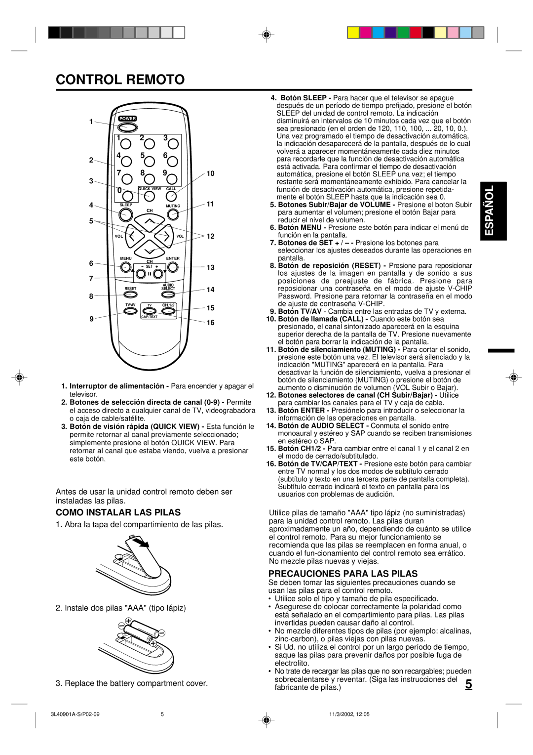 Memorex MT2252S MT2271S owner manual Control Remoto, Como Instalar LAS Pilas, Precauciones Para LAS Pilas 