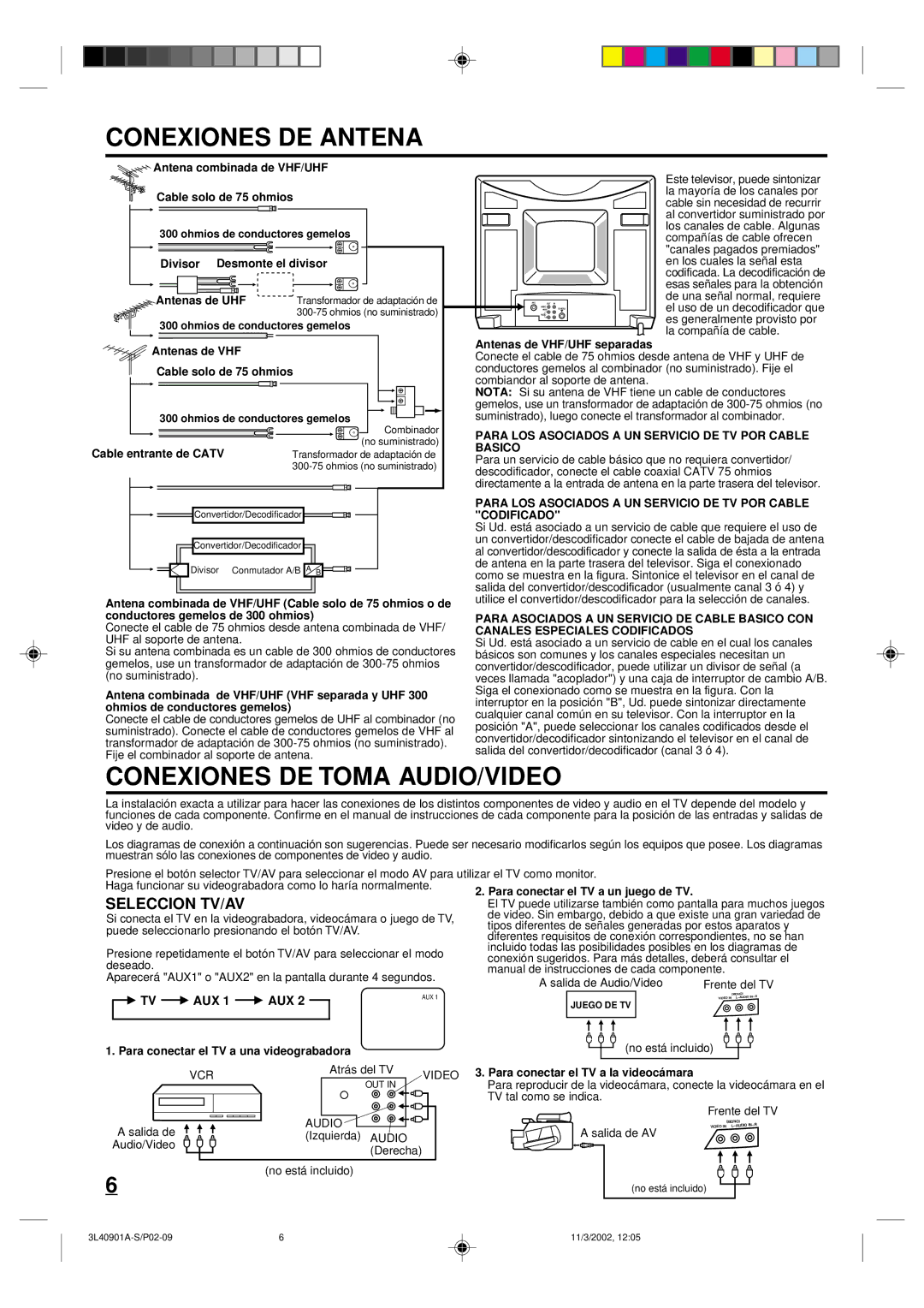 Memorex MT2252S MT2271S owner manual Conexiones DE Antena, Conexiones DE Toma AUDIO/VIDEO, Seleccion TV/AV 