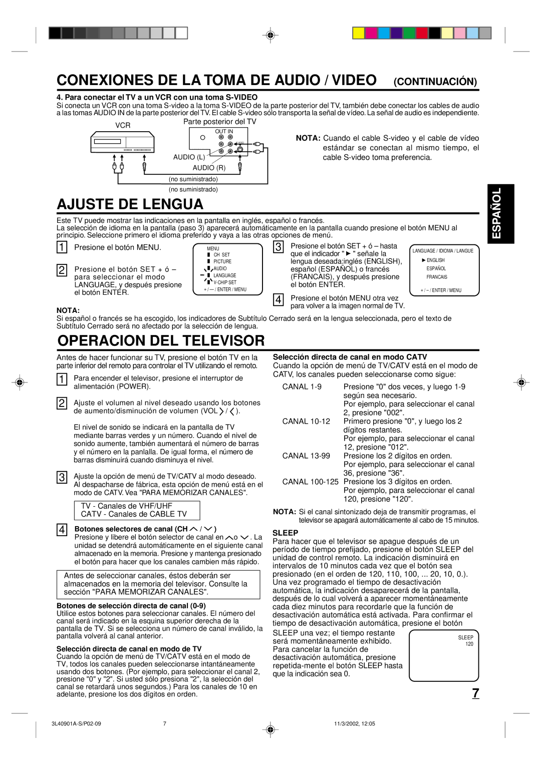 Memorex MT2252S MT2271S Conexiones DE LA Toma DE Audio / Video Continuació N, Ajuste DE Lengua, Operacion DEL Televisor 