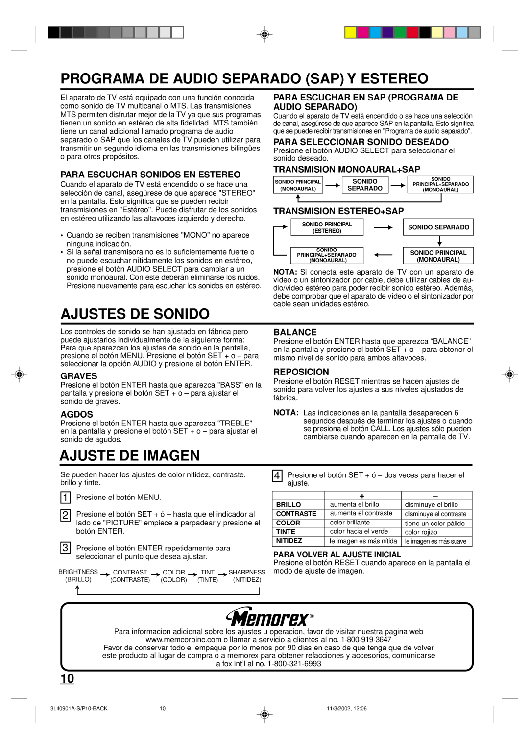 Memorex MT2252S MT2271S owner manual Programa DE Audio Separado SAP Y Estereo, Ajustes DE Sonido, Ajuste DE Imagen 